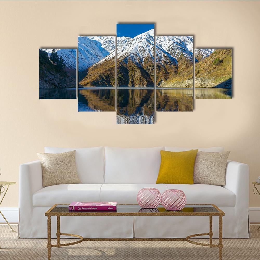 Snowy Peaks In A Mountain Lake Canvas Wall Art-5 Star-Gallery Wrap-62" x 32"-Tiaracle