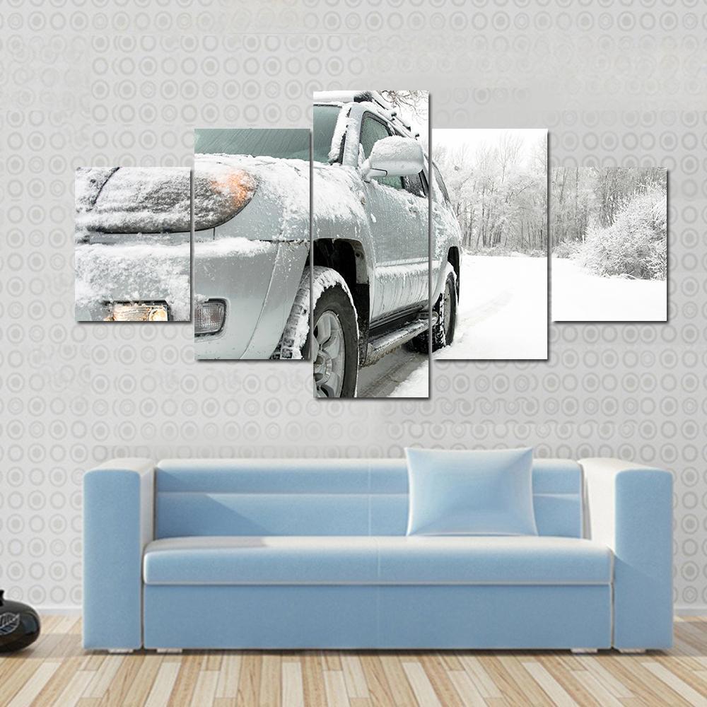 Snowy Winter Car and Road Behind An Unrecognizable Car Canvas Wall Art-5 Star-Gallery Wrap-62" x 32"-Tiaracle