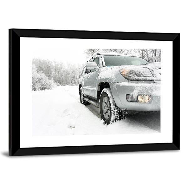 Snowy winter road behind an unrecognizable car Canvas Wall Art-3 Horizontal-Gallery Wrap-25" x 16"-Tiaracle