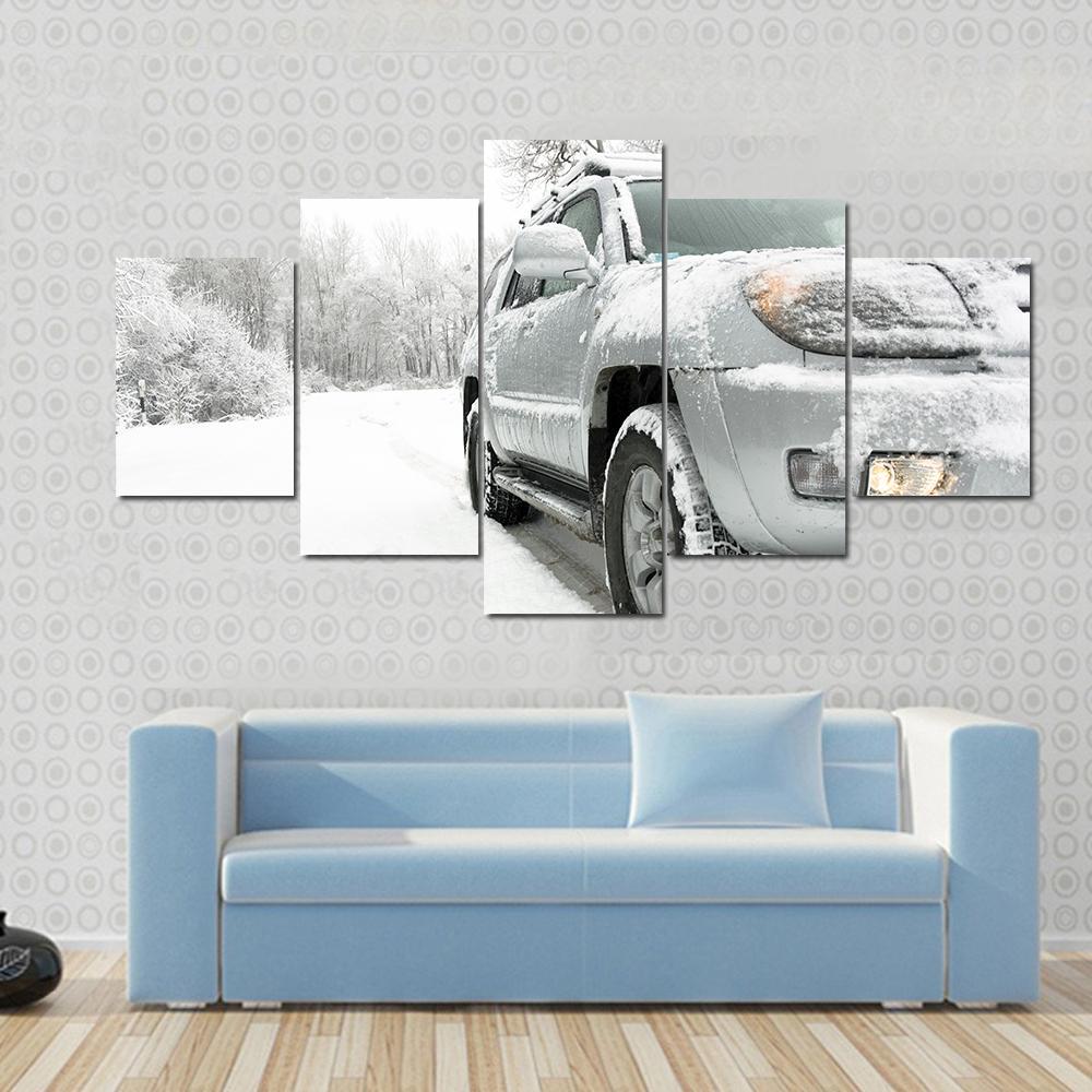 Snowy winter road behind an unrecognizable car Canvas Wall Art-5 Star-Gallery Wrap-62" x 32"-Tiaracle