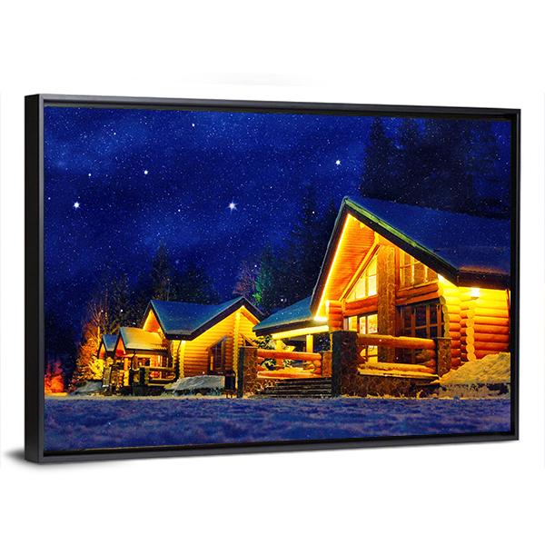 Snowy Winter Scene Of A Cabin In Distance At Night Canvas Wall Art-3 Horizontal-Gallery Wrap-25" x 16"-Tiaracle