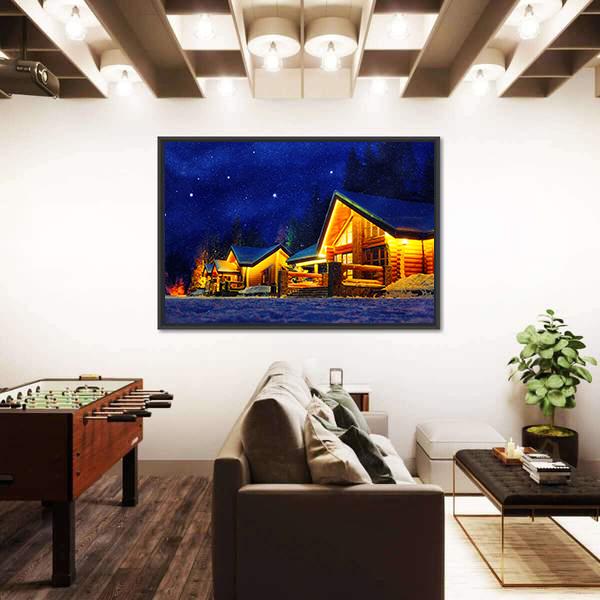 Snowy Winter Scene Of A Cabin In Distance At Night Canvas Wall Art-3 Horizontal-Gallery Wrap-25" x 16"-Tiaracle