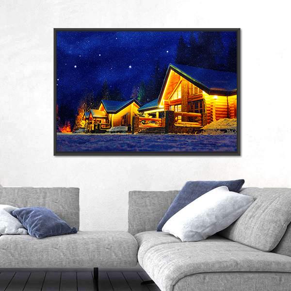 Snowy Winter Scene Of A Cabin In Distance At Night Canvas Wall Art-3 Horizontal-Gallery Wrap-25" x 16"-Tiaracle
