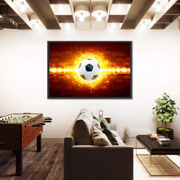 Soccer Ball In Fire Canvas Wall Art-3 Horizontal-Gallery Wrap-25" x 16"-Tiaracle