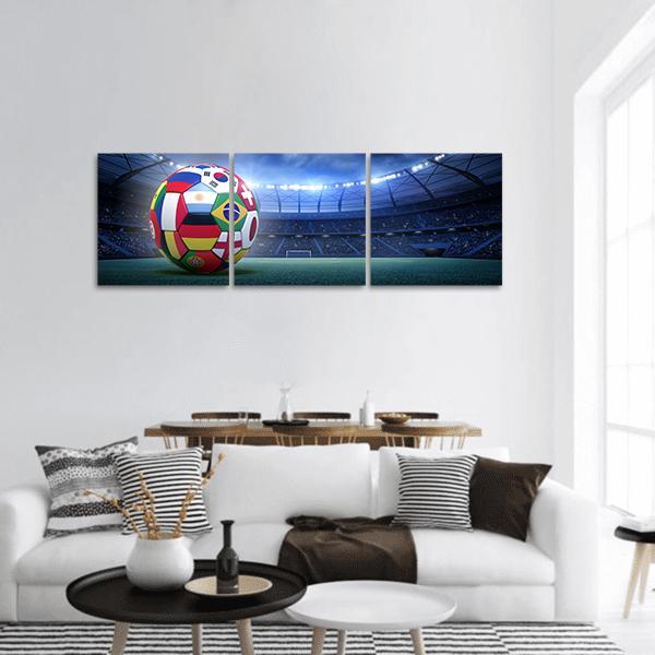 Soccer Ball In The Stadium Panoramic Canvas Wall Art-3 Piece-25" x 08"-Tiaracle