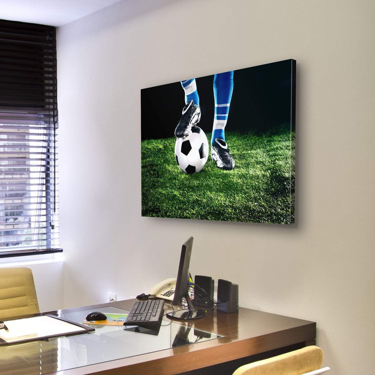 Soccer Ball & Player Feet Canvas Wall Art-3 Horizontal-Gallery Wrap-25" x 16"-Tiaracle