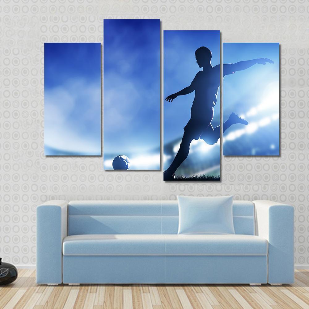 Soccer Match A Player Shooting On Goal Lights On The Stadium At Night Canvas Wall Art-4 Pop-Gallery Wrap-50" x 32"-Tiaracle