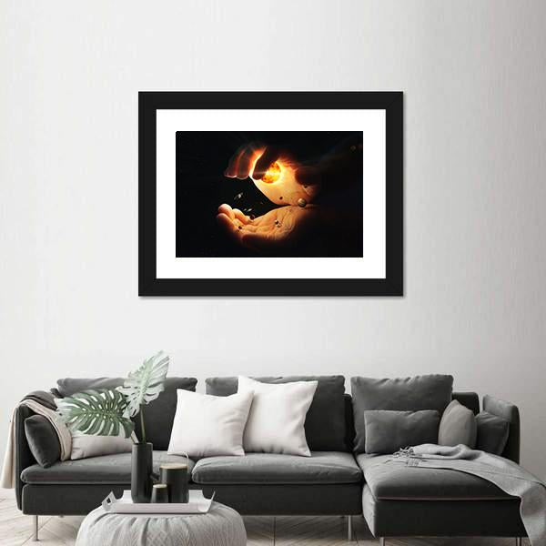 Solar System In Two Hands Art Canvas Wall Art-3 Horizontal-Gallery Wrap-25" x 16"-Tiaracle