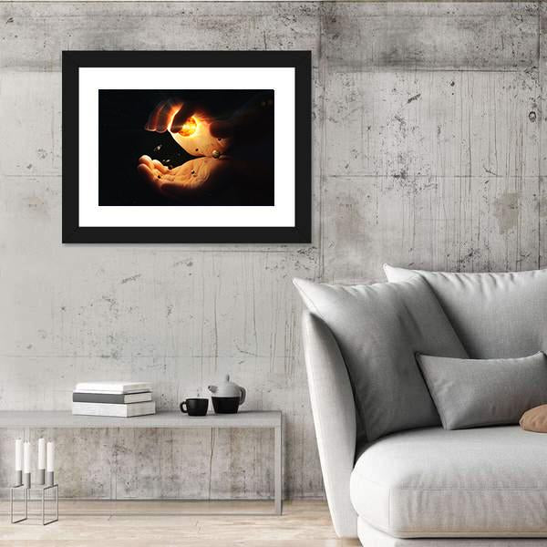 Solar System In Two Hands Art Canvas Wall Art-3 Horizontal-Gallery Wrap-25" x 16"-Tiaracle