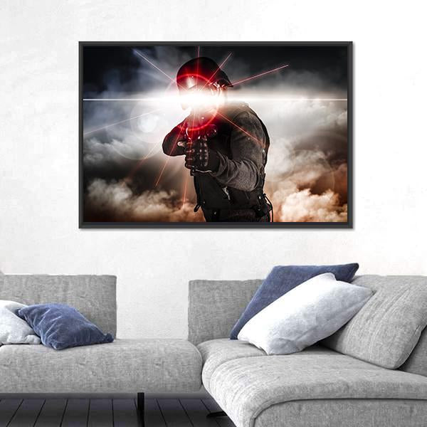 Soldier Aiming Assault Rifle Laser Sight Canvas Wall Art-3 Horizontal-Gallery Wrap-25" x 16"-Tiaracle