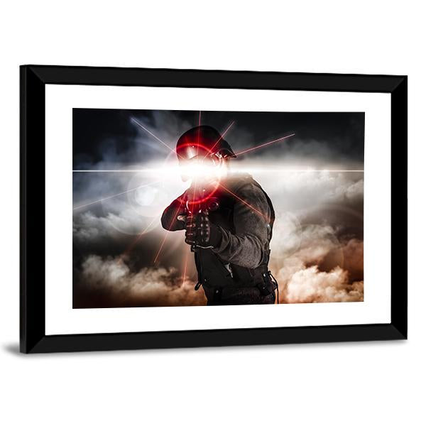 Soldier Aiming Assault Rifle Laser Sight Canvas Wall Art-3 Horizontal-Gallery Wrap-25" x 16"-Tiaracle
