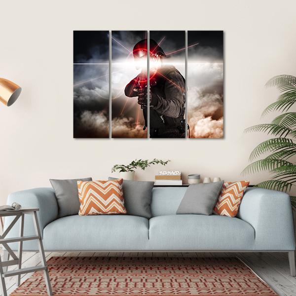 Soldier Aiming Assault Rifle Laser Sight Canvas Wall Art-4 Horizontal-Gallery Wrap-34" x 24"-Tiaracle