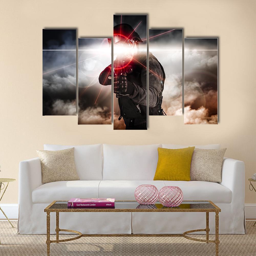 Soldier Aiming Assault Rifle Laser Sight Canvas Wall Art-5 Pop-Gallery Wrap-47" x 32"-Tiaracle