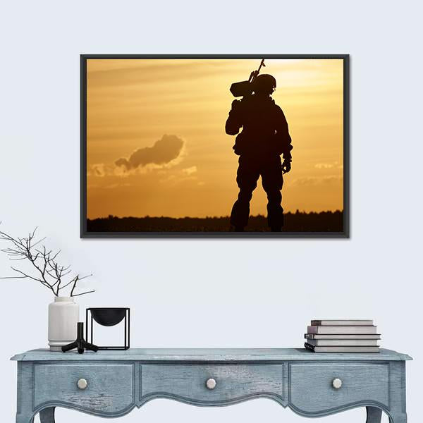 Soldier Silhouette With Machine Gun At Summer Evening Sunset Canvas Wall Art-1 Piece-Floating Frame-24" x 16"-Tiaracle