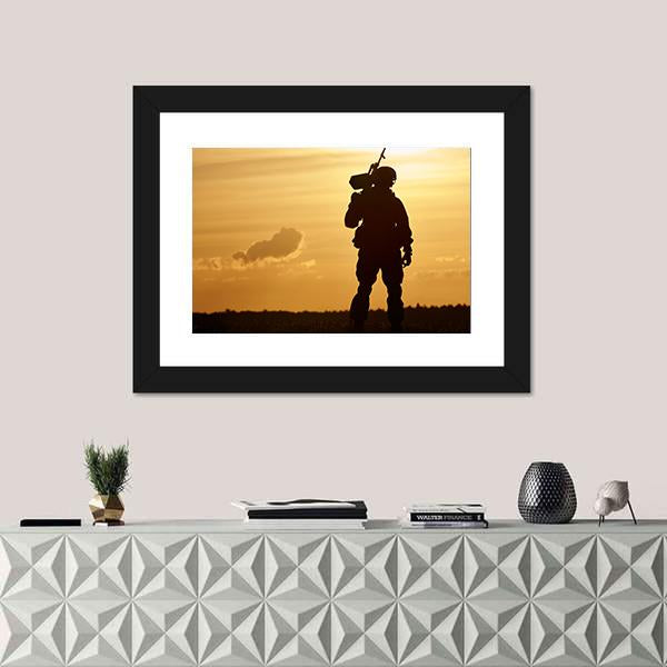 Soldier Silhouette With Machine Gun At Summer Evening Sunset Canvas Wall Art-1 Piece-Framed Print-20" x 16"-Tiaracle