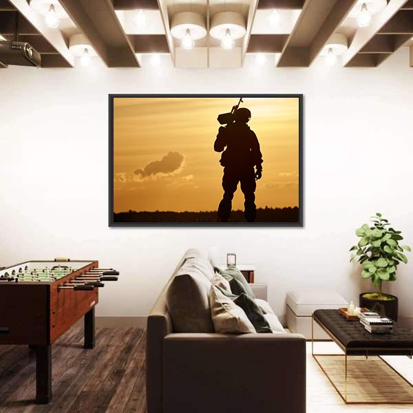 Soldier Silhouette With Machine Gun At Summer Evening Sunset Canvas Wall Art-5 Horizontal-Gallery Wrap-22" x 12"-Tiaracle