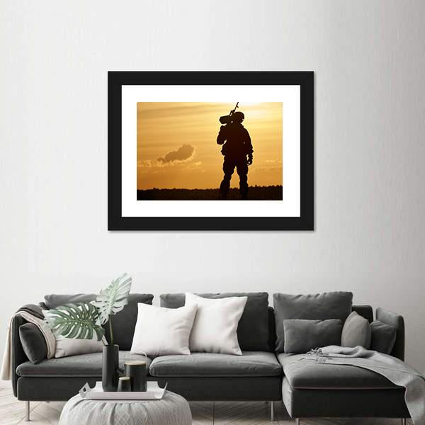 Soldier Silhouette With Machine Gun At Summer Evening Sunset Canvas Wall Art-5 Horizontal-Gallery Wrap-22" x 12"-Tiaracle