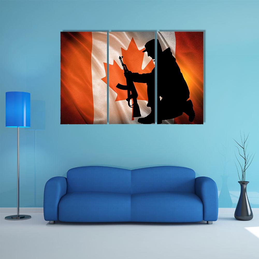 Soldier With A Gun And Canada Flag Canvas Wall Art-3 Horizontal-Gallery Wrap-25" x 16"-Tiaracle