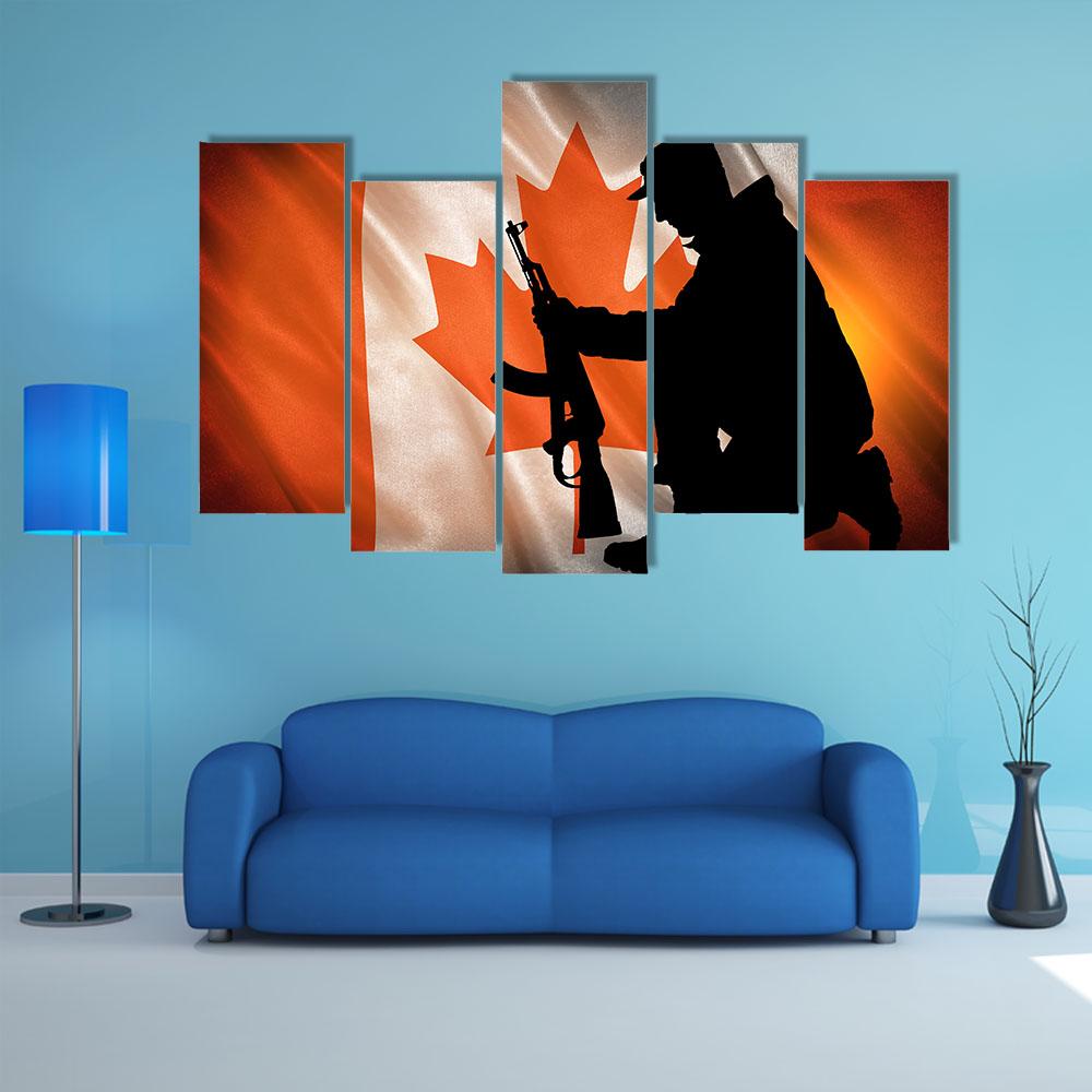 Soldier With A Gun And Canada Flag Canvas Wall Art-5 Pop-Gallery Wrap-32" x 21"-Tiaracle