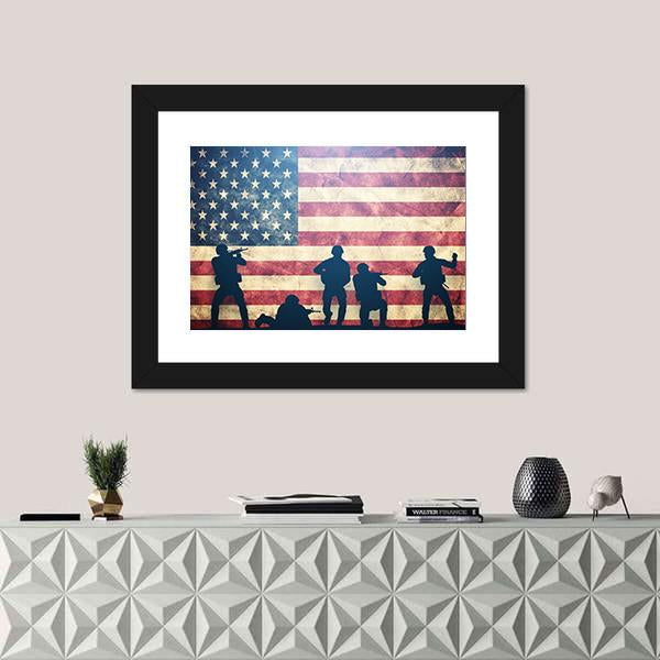 Soldiers In Assault On Grunge USA Flag Panoramic Canvas Wall Art-1 Piece-36" x 12"-Tiaracle