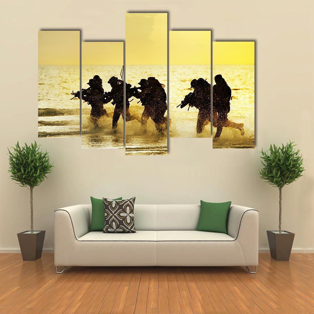 Soldiers Run In Army Uniform Canvas Wall Art-5 Pop-Gallery Wrap-47" x 32"-Tiaracle