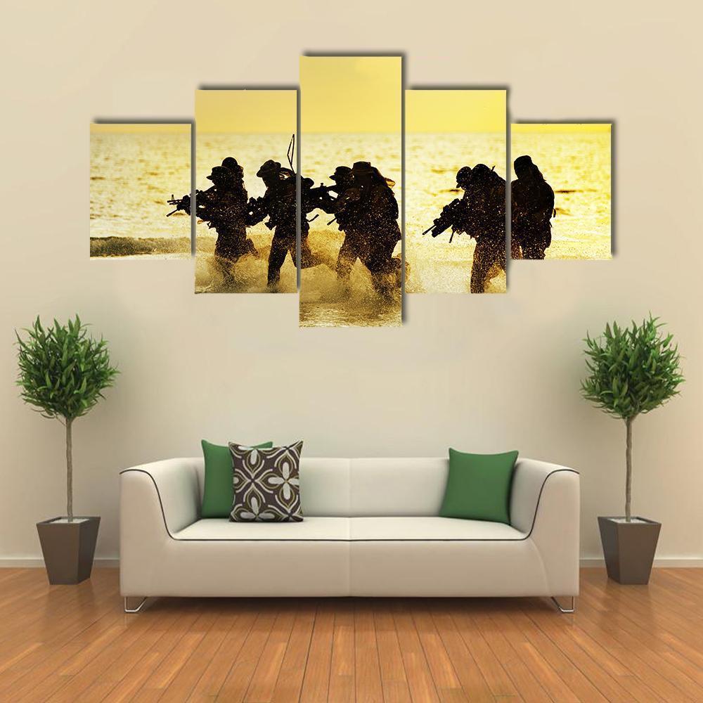 Soldiers Run In Army Uniform Canvas Wall Art-5 Star-Gallery Wrap-62" x 32"-Tiaracle