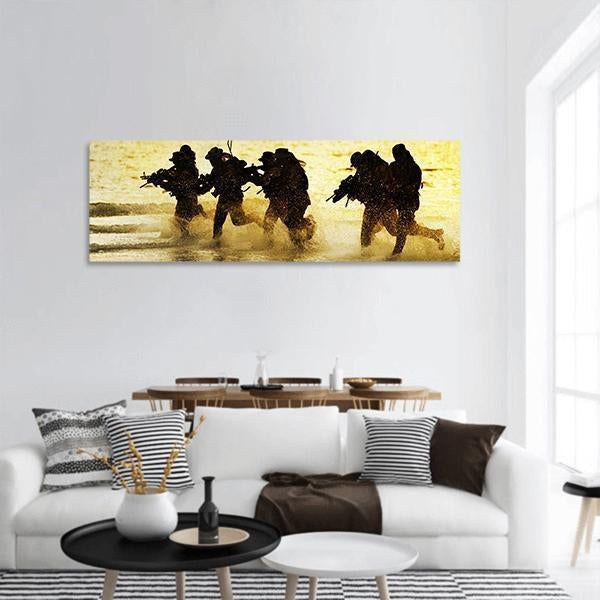 Soldiers Run In Army Uniform Panoramic Canvas Wall Art-1 Piece-36" x 12"-Tiaracle