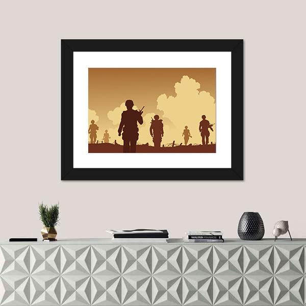 Soldiers Walking On Patrol Canvas Wall Art-1 Piece-Framed Print-20" x 16"-Tiaracle