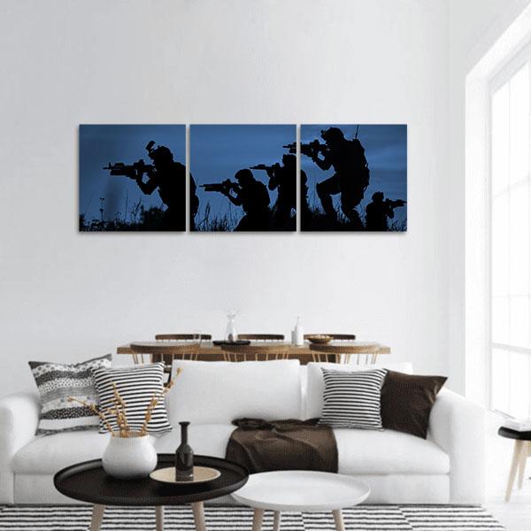 Soldiers With Rifle Panoramic Canvas Wall Art-3 Piece-25" x 08"-Tiaracle