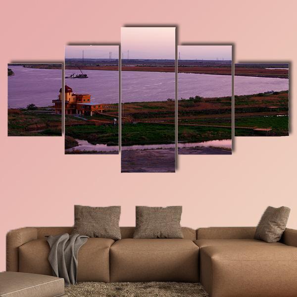 Songhua River Ship Building Clouds Sunset Canvas Wall Art-5 Star-Gallery Wrap-62" x 32"-Tiaracle