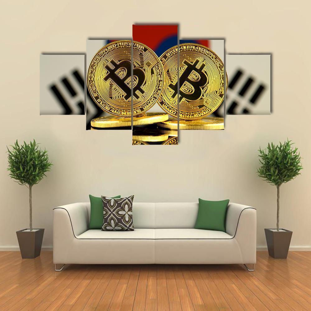 South Korea Flag With Bitcoin Canvas Wall Art-5 Star-Gallery Wrap-62" x 32"-Tiaracle