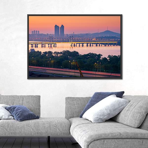 South Korea Seoul City Skyline Canvas Wall Art-3 Horizontal-Gallery Wrap-25" x 16"-Tiaracle