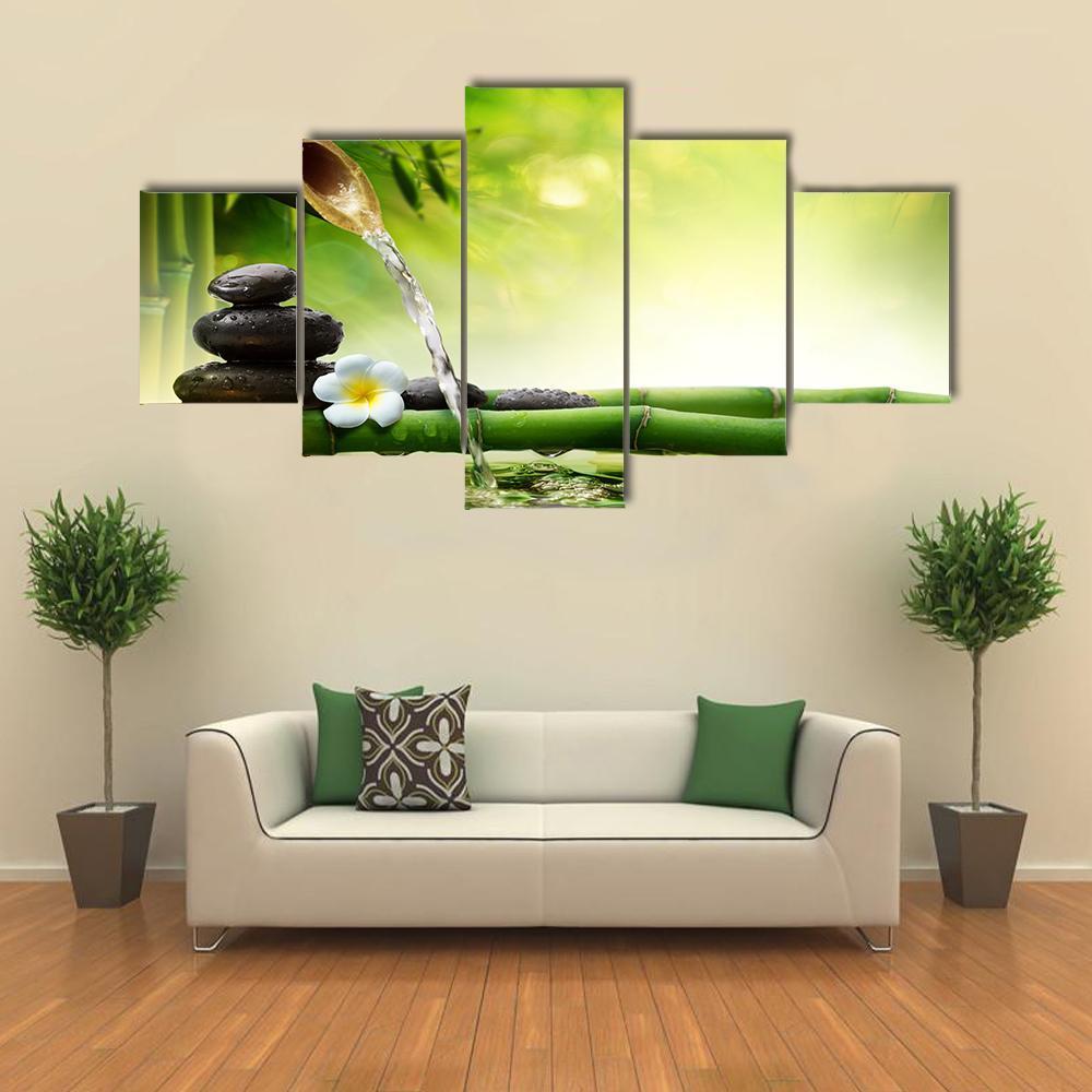 Spa Stones In Garden With Flow Water Canvas Wall Art-5 Star-Gallery Wrap-62" x 32"-Tiaracle
