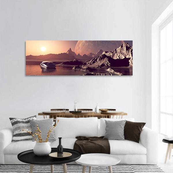 Space Craft Over Planet Panoramic Canvas Wall Art-1 Piece-36" x 12"-Tiaracle