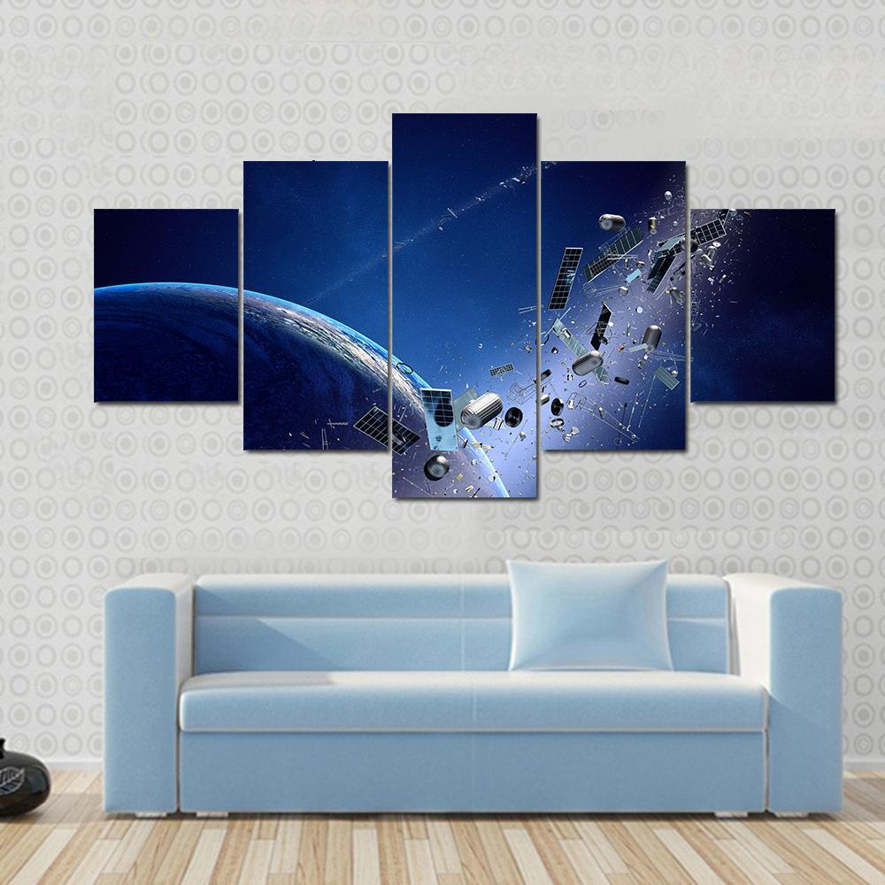 Space Junk Orbiting Around Earth Canvas Wall Art-5 Star-Gallery Wrap-62" x 32"-Tiaracle