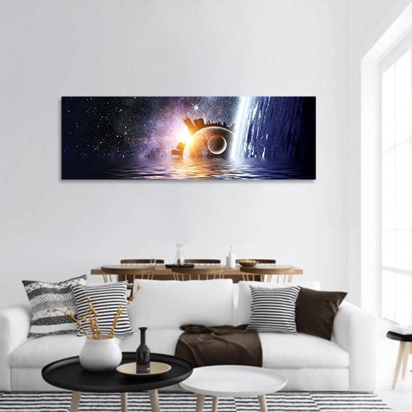 Space Planets And Sea Waters Panoramic Canvas Wall Art-1 Piece-36" x 12"-Tiaracle