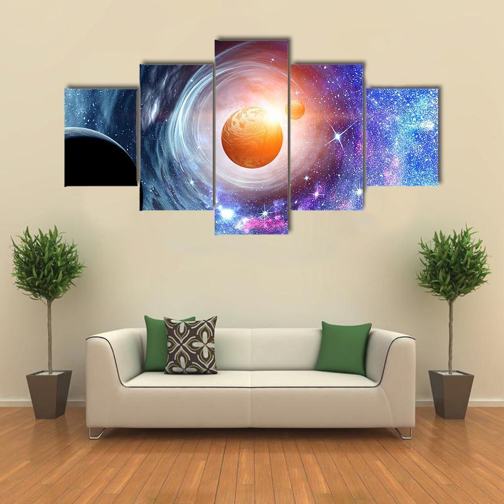 Space Planets & Starry Sky Canvas Wall Art-5 Star-Gallery Wrap-62" x 32"-Tiaracle