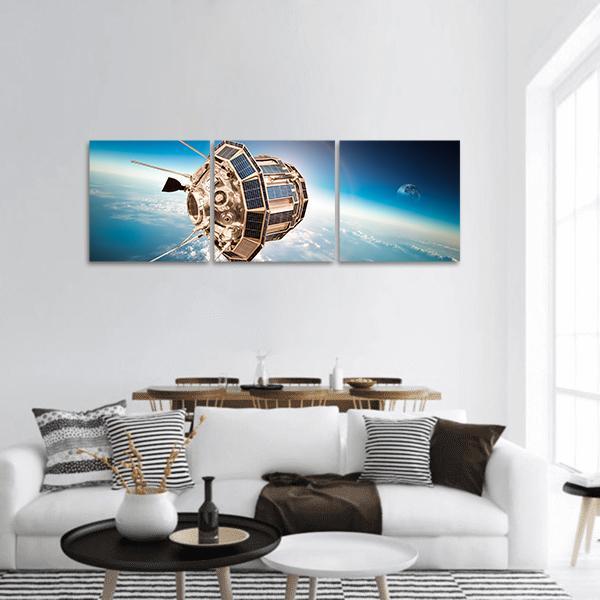 Space Satellite Orbiting The Earth Panoramic Canvas Wall Art-3 Piece-25" x 08"-Tiaracle