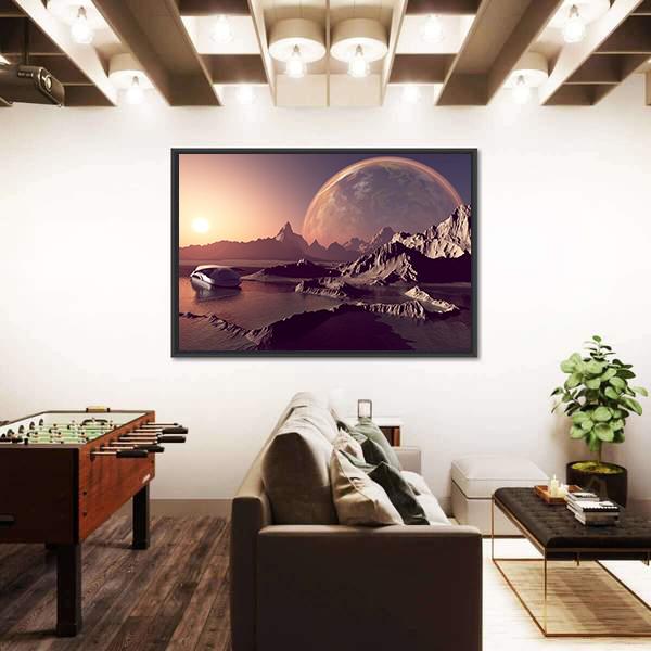 Spacecraft Over The Mountainous Alien Planet Canvas Wall Art-3 Horizontal-Gallery Wrap-25" x 16"-Tiaracle