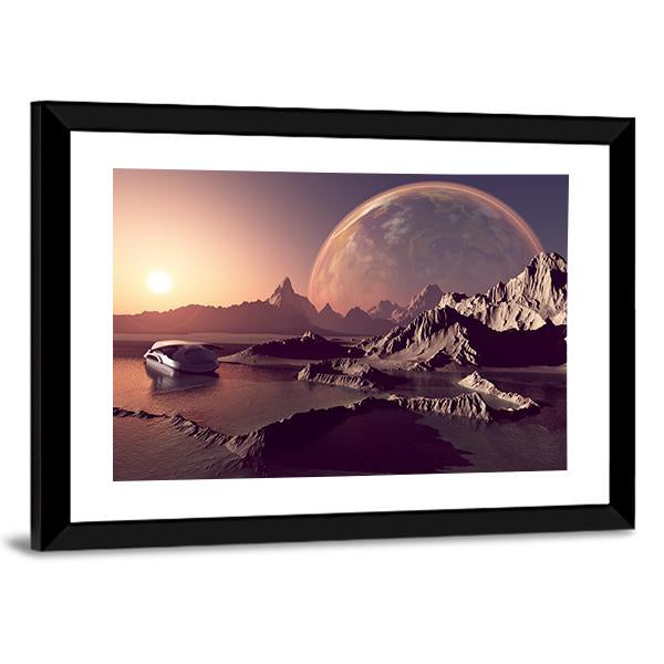 Spacecraft Over The Mountainous Alien Planet Canvas Wall Art-3 Horizontal-Gallery Wrap-25" x 16"-Tiaracle