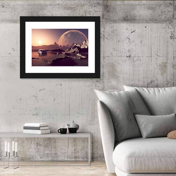 Spacecraft Over The Mountainous Alien Planet Canvas Wall Art-3 Horizontal-Gallery Wrap-25" x 16"-Tiaracle