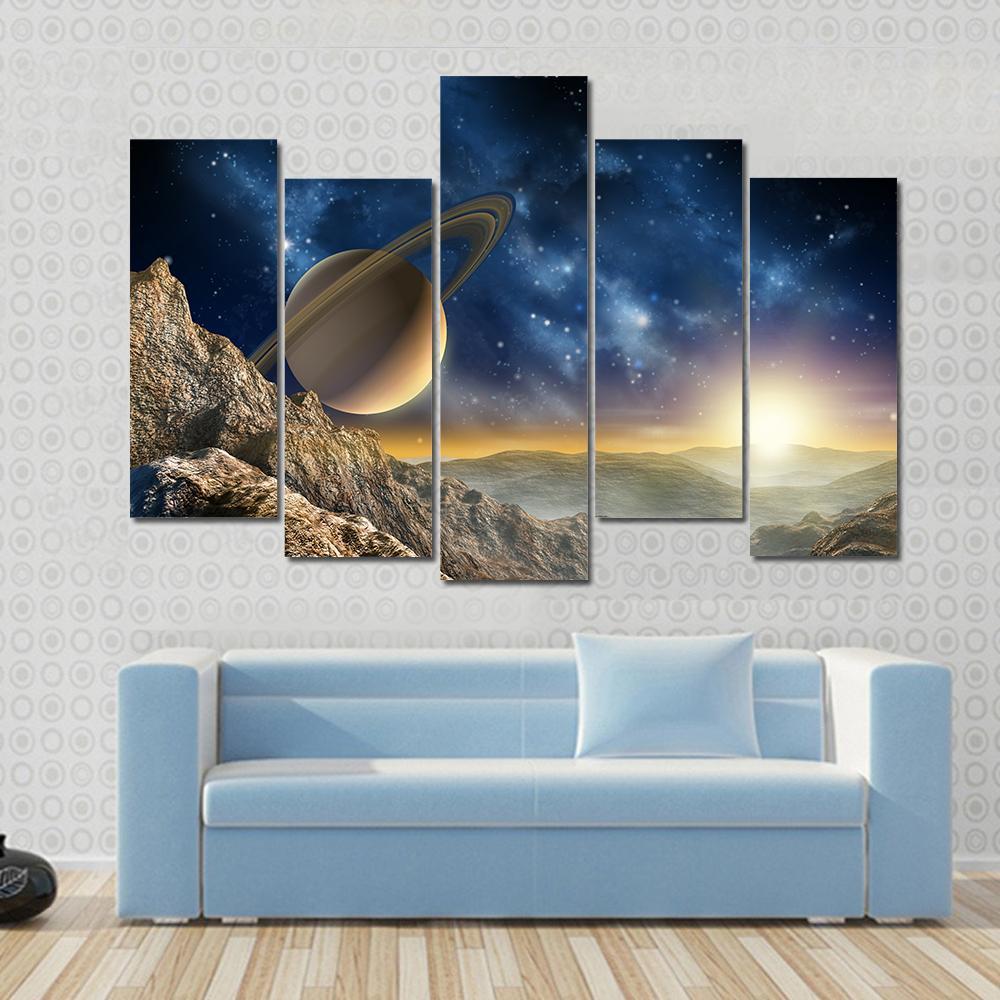 Spacescape Seen From Saturn Moon Canvas Wall Art-5 Pop-Gallery Wrap-47" x 32"-Tiaracle