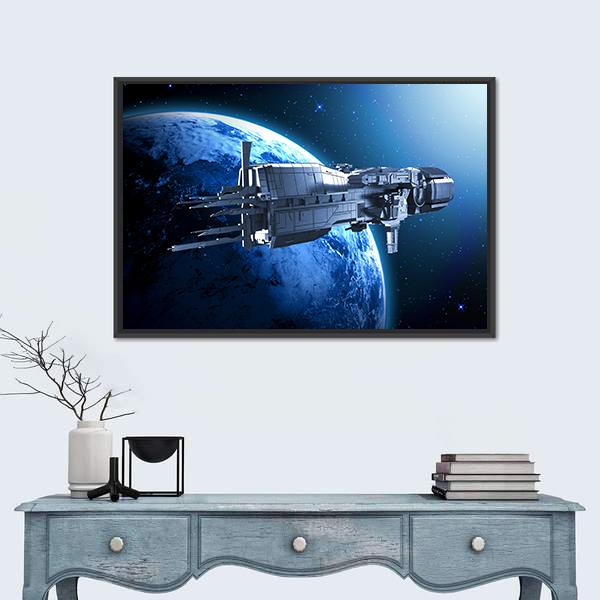 Spaceship Above An Alien Planet Canvas Wall Art-1 Piece-Floating Frame-24" x 16"-Tiaracle