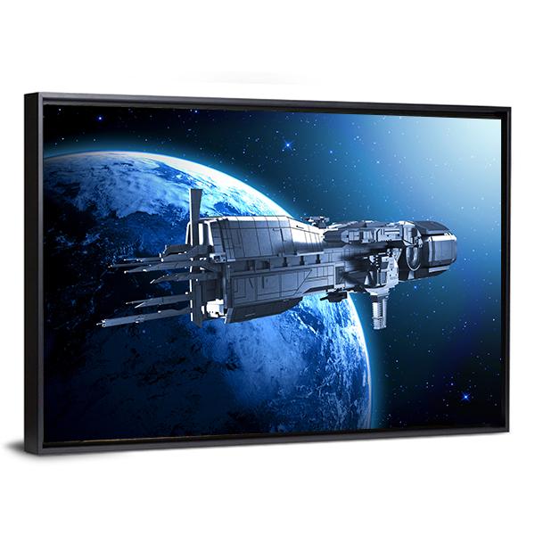 Spaceship Above An Alien Planet Canvas Wall Art-3 Horizontal-Gallery Wrap-25" x 16"-Tiaracle