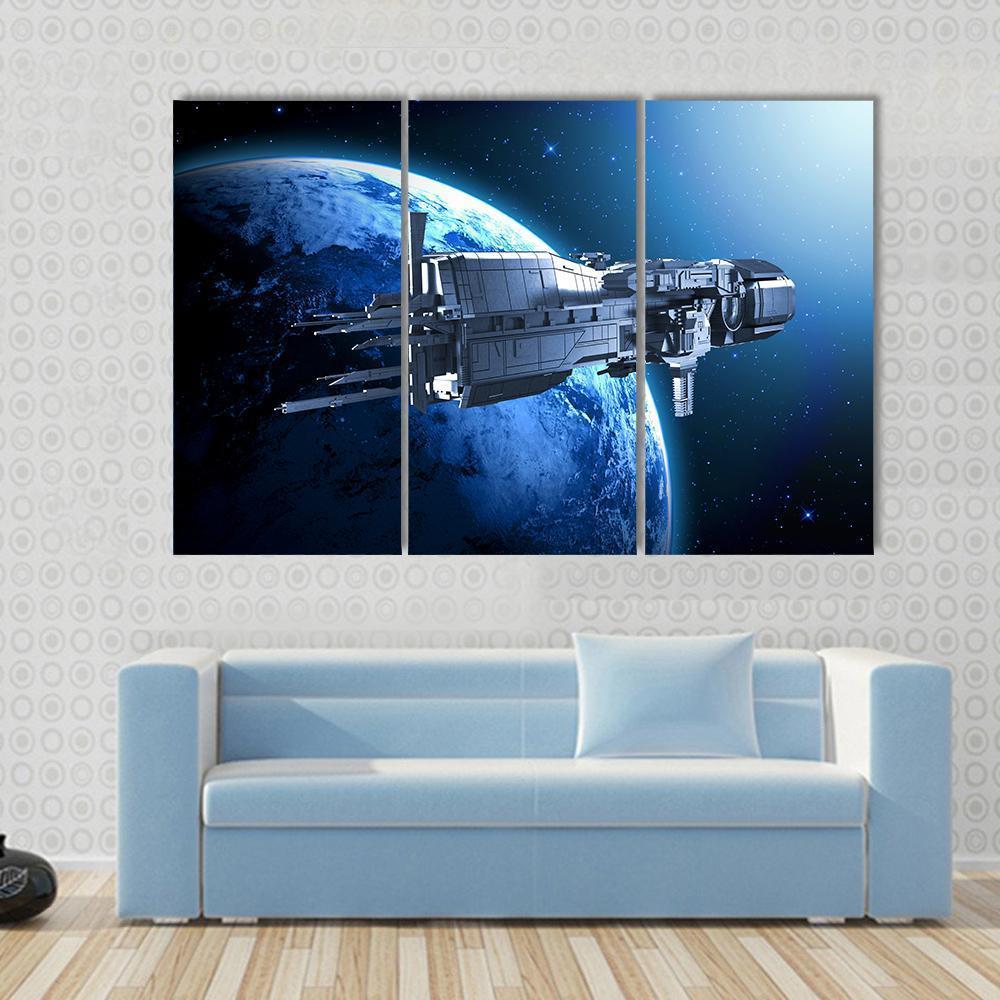 Spaceship Above An Alien Planet Canvas Wall Art-3 Horizontal-Gallery Wrap-37" x 24"-Tiaracle
