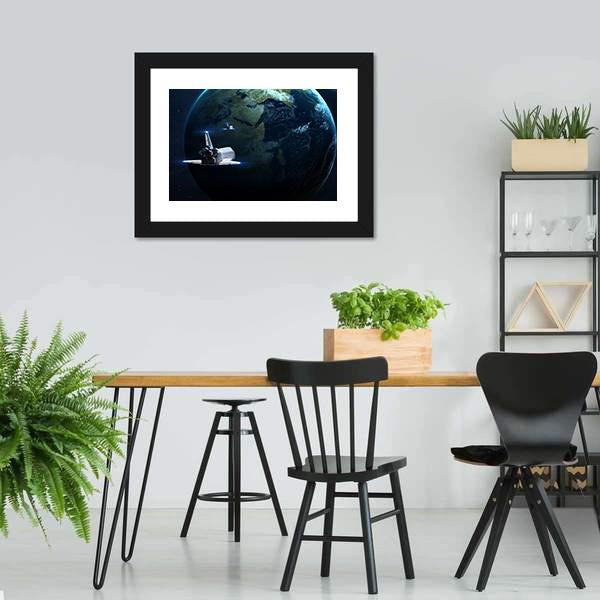 Spaceship Approaching Earth Canvas Wall Art-3 Horizontal-Gallery Wrap-25" x 16"-Tiaracle