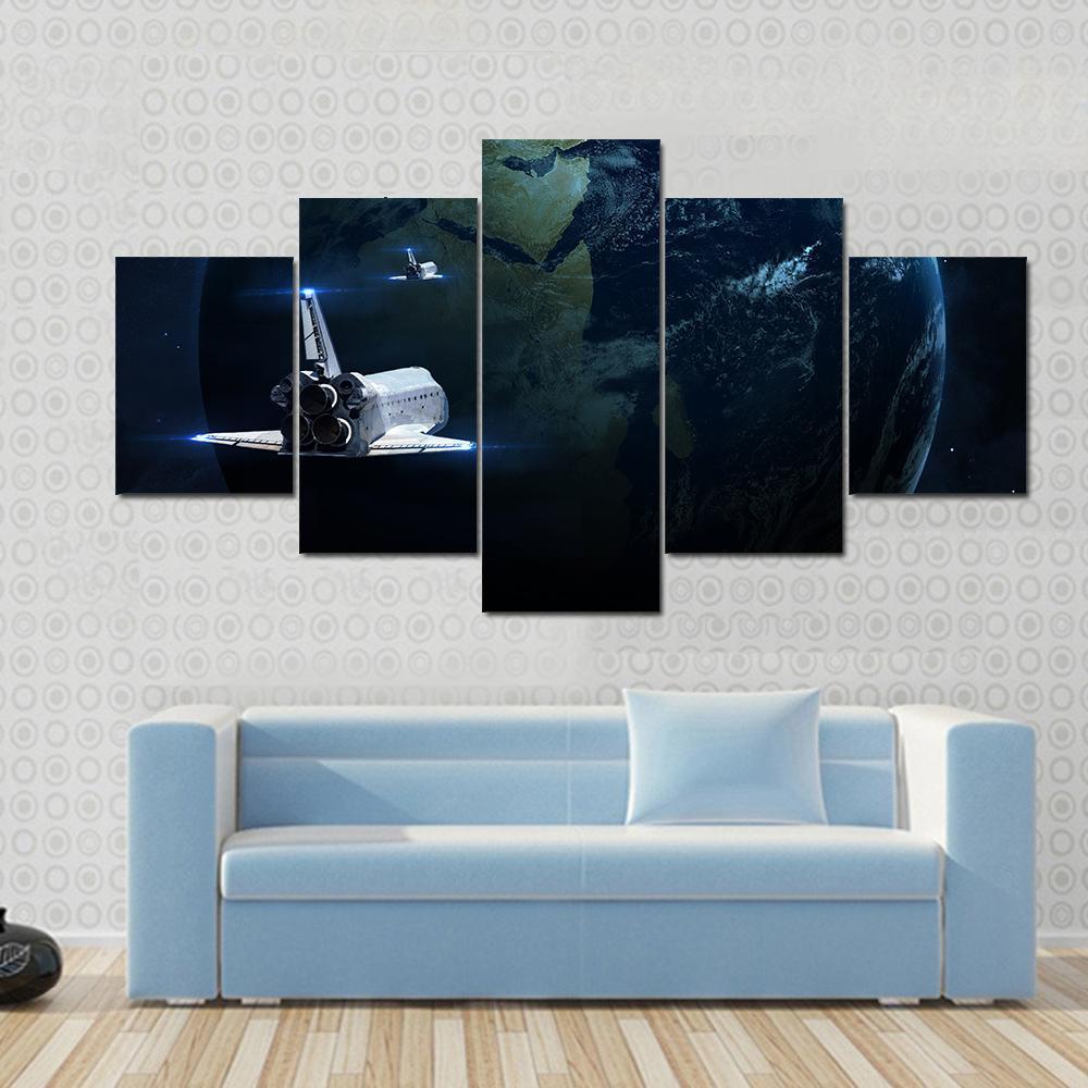 Spaceship Approaching Earth Canvas Wall Art-5 Star-Gallery Wrap-62" x 32"-Tiaracle