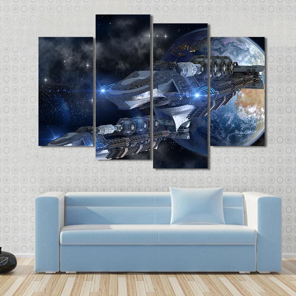 Spaceship Fleet Leaving Earth Canvas Wall Art-4 Pop-Gallery Wrap-50" x 32"-Tiaracle