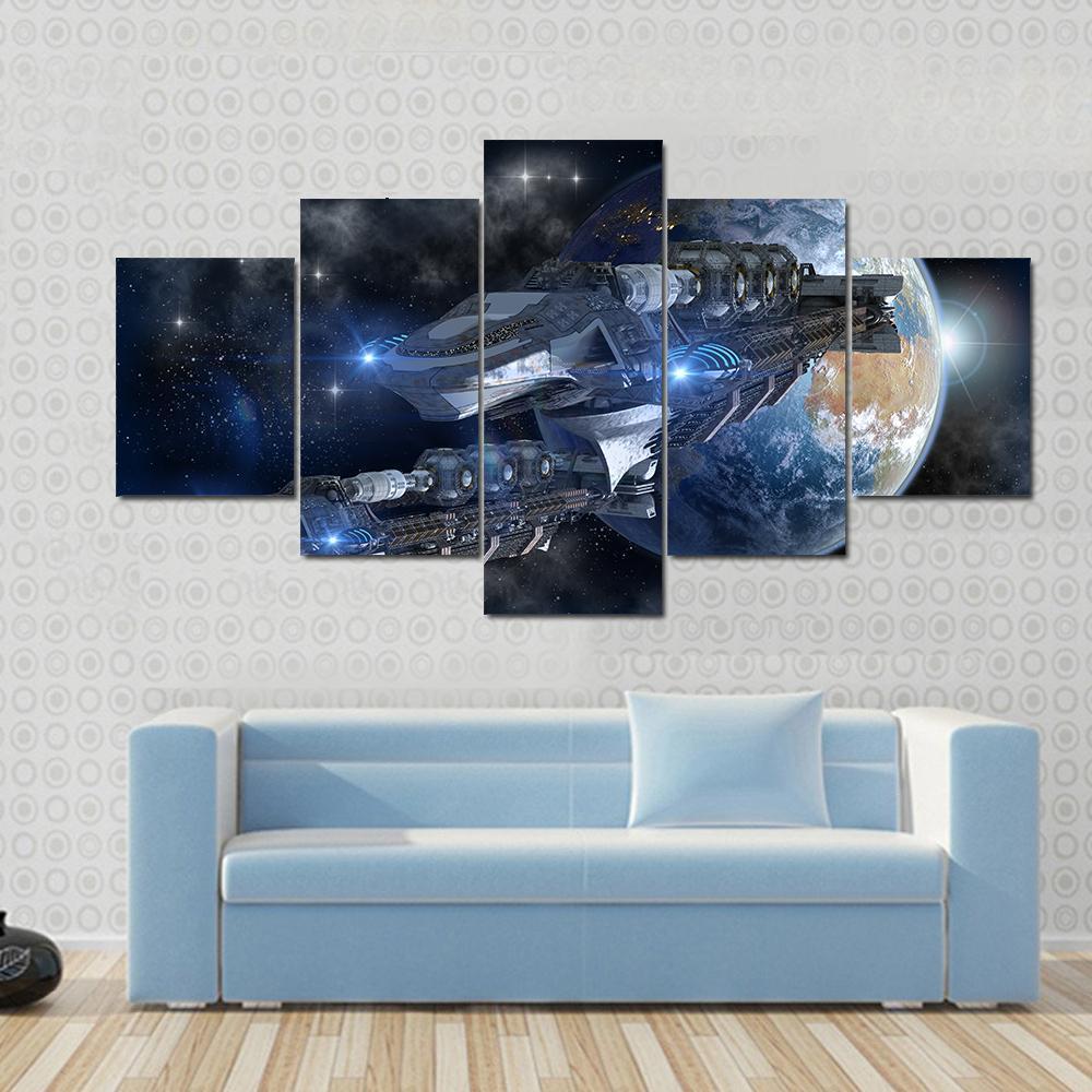 Spaceship Fleet Leaving Earth Canvas Wall Art-5 Star-Gallery Wrap-62" x 32"-Tiaracle