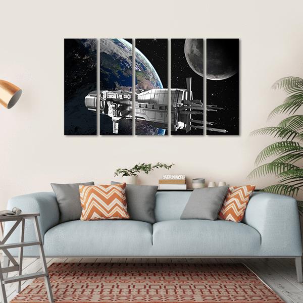 Spaceship In Front Of Moon And Earth Canvas Wall Art-5 Horizontal-Gallery Wrap-22" x 12"-Tiaracle